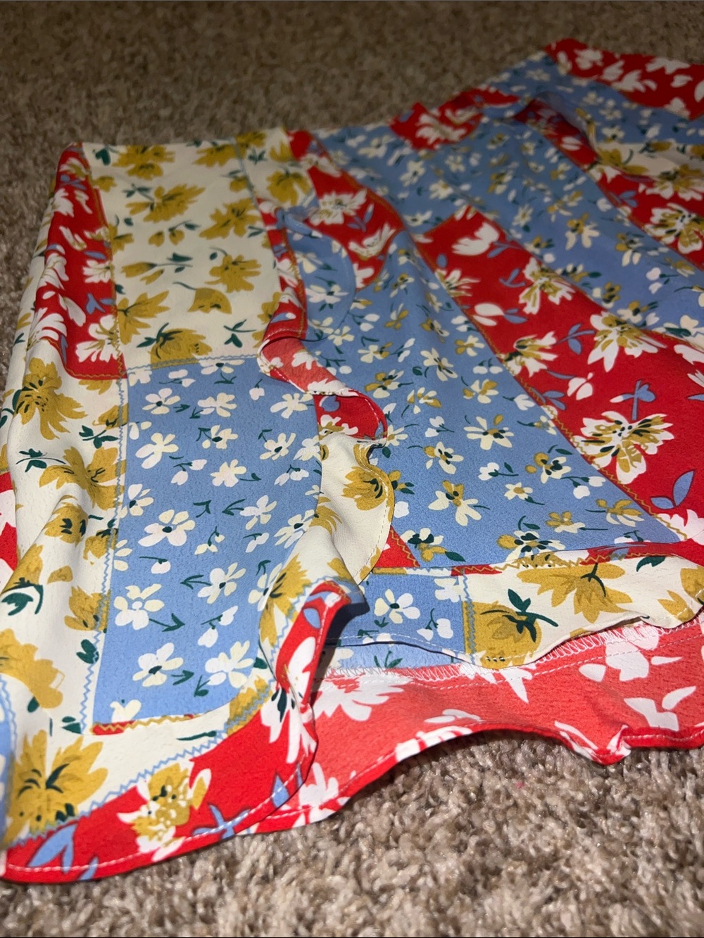 Love & Harmony Patchwork Ruffle Shorts with Feminine Hem! Red, Blue & Yellow - Picture 2 of 14